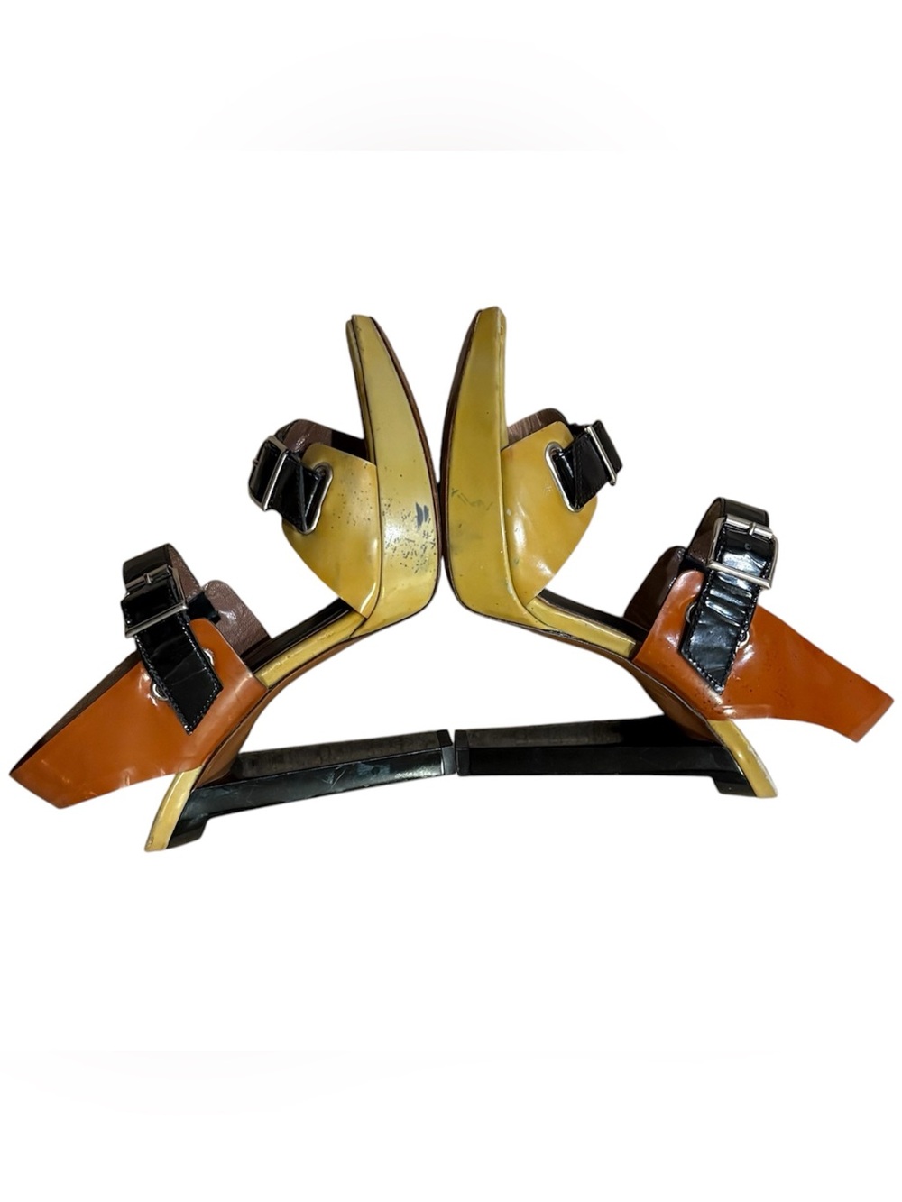 Marni Brown Yellow Ochre Black Patent Leather Platform Heels Buckles Sz 36/US 6 - Picture 10 of 11